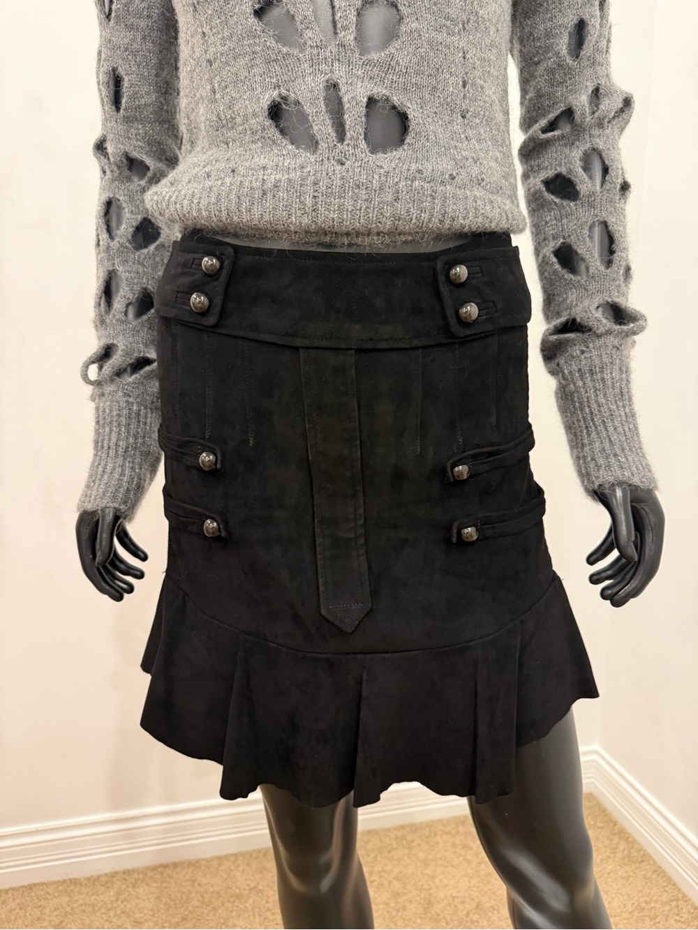 Isabel Marant Runway Black Lambskin Leather Stretch Ruffle Mini Skirt 36 NEW